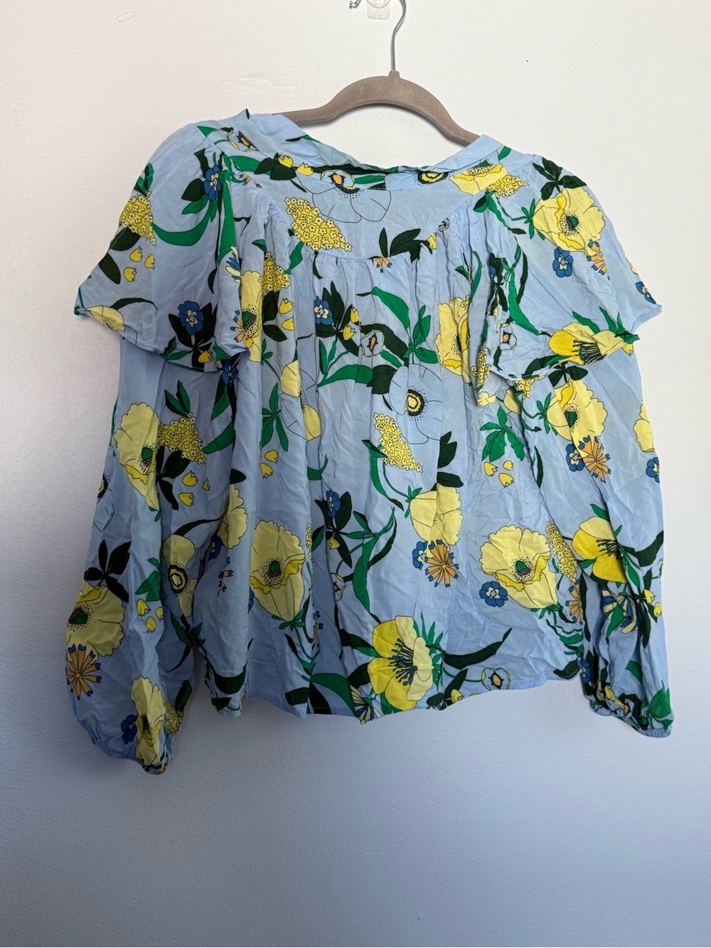 INC International Concepts Light Blue Floral Ruffle Blouse - Yellow & Green